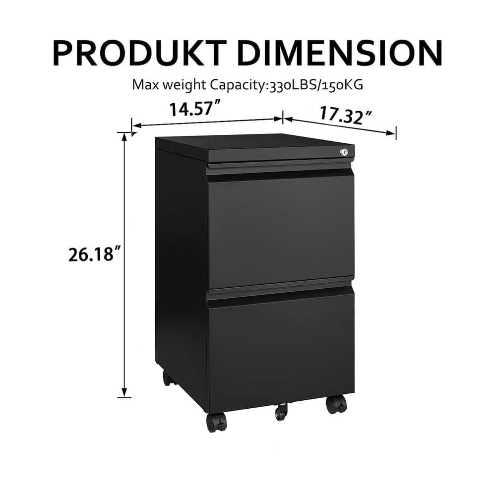 Black Steel 2-Drawer Mobile Lockable Filing Cabinet with Wheels