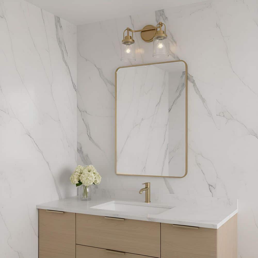 Anders Medium 14 in. 2-Light Satin Brass Bathroom Bedroom Wall Vanity Light with Clear Glass Shades price history on PriceWatchPro