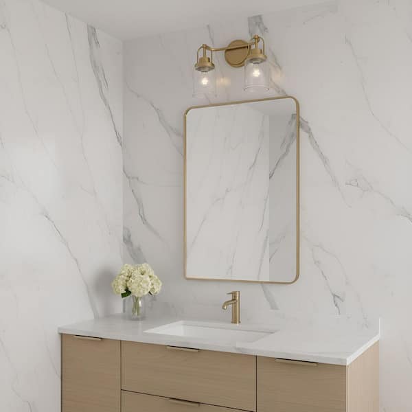 Studio Anders Medium 14 in. 2-Light Satin Brass Bathroom Bedroom Wall Vanity Light with Clear Glass Shades