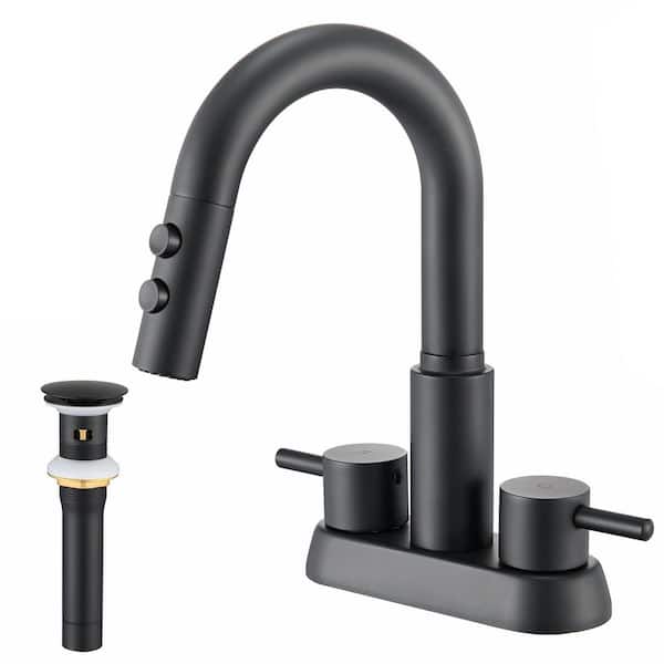 4 in. Centerset Double Handle Pull Down Bathroom Sink Faucet with 2 Modes Sprayer and Pop-Up Drain in Matte Black
