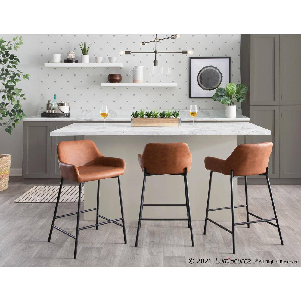 Daniella 33" Industrial Black Metal and Camel Faux Leather Counter Stools, Set of 2
