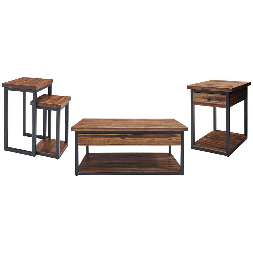 Claremont 4-Piece 42 in. Brown/Black Large Rectangle Wood Coffee Table Set 