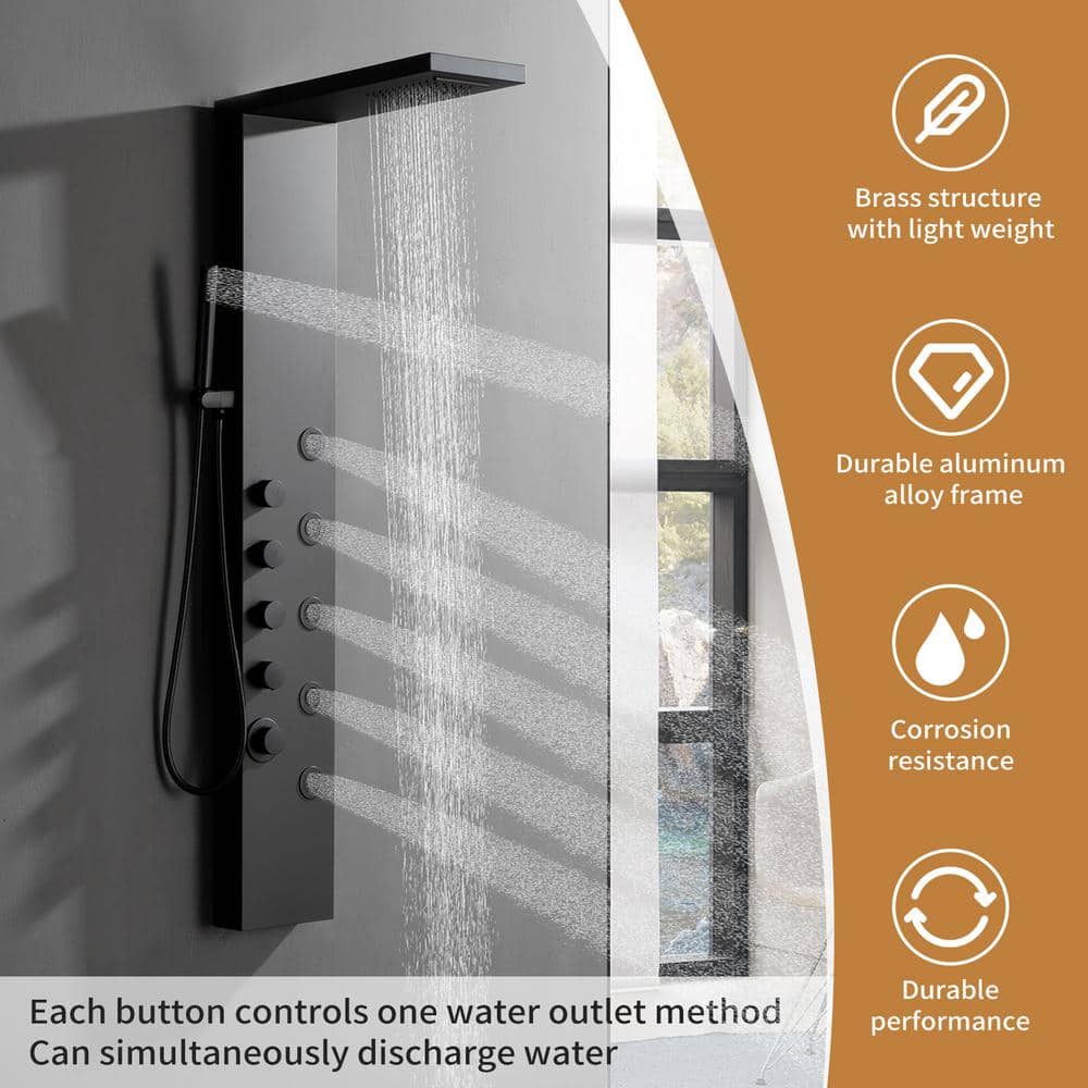 Matte Black 52'' Shower Panel System with Rainfall and Waterfall Shower Head