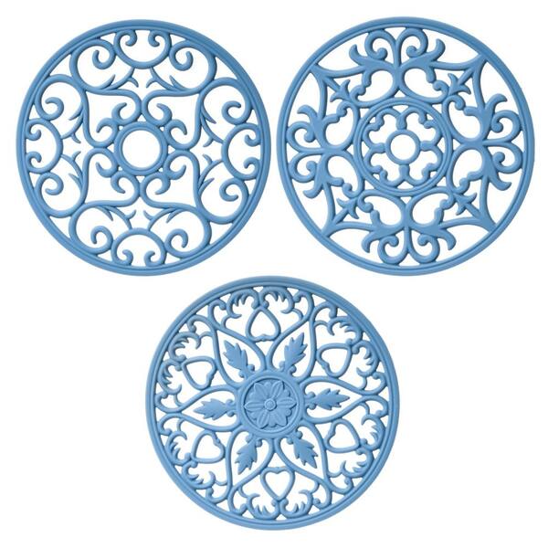 Blue Silicone Round Trivet Mats Set of 3, 7.87 in. Heat-Resistant Carved Design for Kitchen Protection