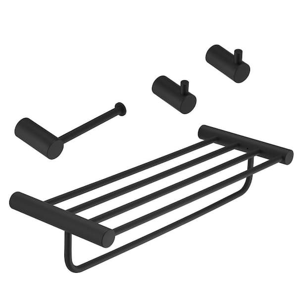 4-Piece Bath Hardware Set with 24 in. Towel Rack, Toilet Paper Holder and Towel Hook in Matte Black