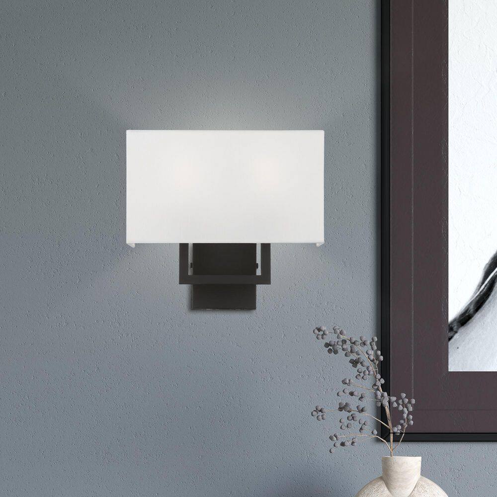 Pierson Rectangular Black Finish 2-Light Wall Sconce with Off-White Shade