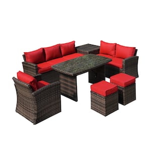 Brown 7-Piece Wicker Outdoor Patio Conversation Seating Sofa Set with Red Thick Cushions