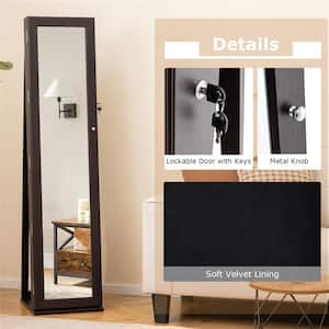 Dark Brown Mirrored Jewelry Cabinet Armoire Lockable Standing Storage Organizer with Shelf