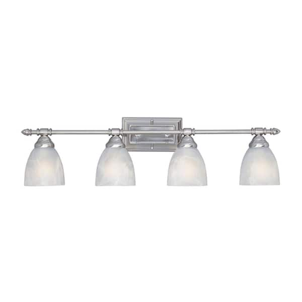 Designers Fountain Apollo 31.25 in. 4-Light Satin Platinum Vanity with Alabaster Glass Shades