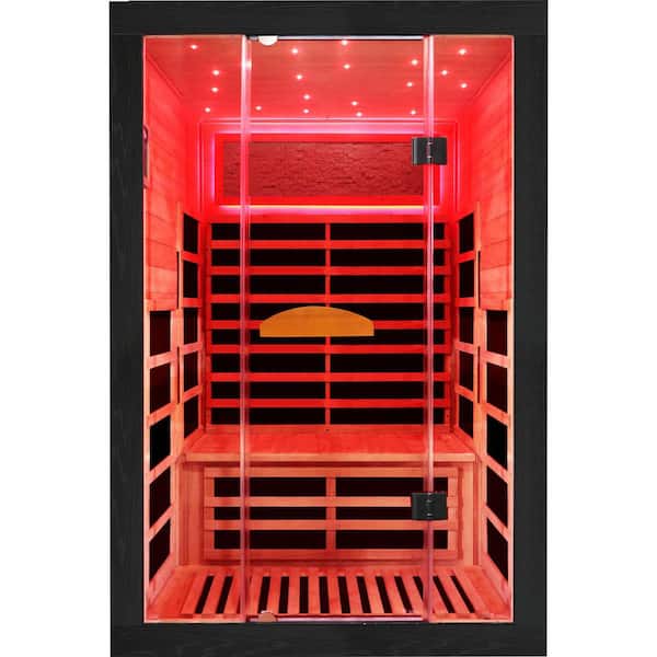 Okoume Wood 2-Person Far Infrared Sauna with 8-Heating Panels, Colorful Lights, Reading Lights and 2-Bluetooth Speakers