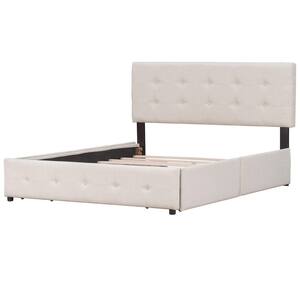 64.5 in. W Beige Gray Queen Size Linen Wood Frame Platform Bed with 4-Drawers
