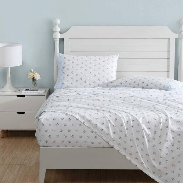 Laura Ashley Harper Ette 4-Piece Blue Pink Cotton Queen Sheet Set