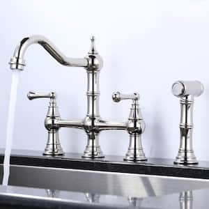 Elegant Double-Handle Bridge Kitchen Faucet with Side Sprayer in Polished Nickel