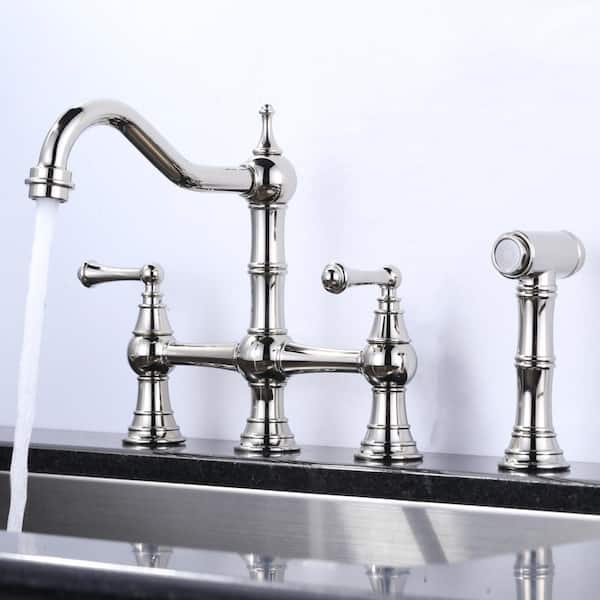 Brass 8 in. Double Handle Bridge Kitchen Faucet with Brass Valve, Side Sprayer and Supply Lines in Polished Nickel
