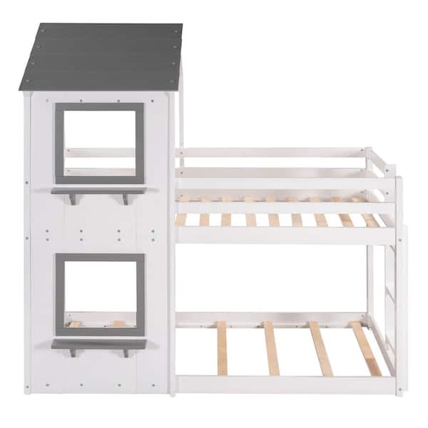 URTR White Twin Over Twin House Bunk Bed Frame, Wooden Bunk Bed with Roof and Window for Kids, Teens