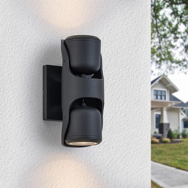 Modern Matte Black Cylinder Up and Down Outdoor Hardwired Wall Scone with Adjustable Light Beam