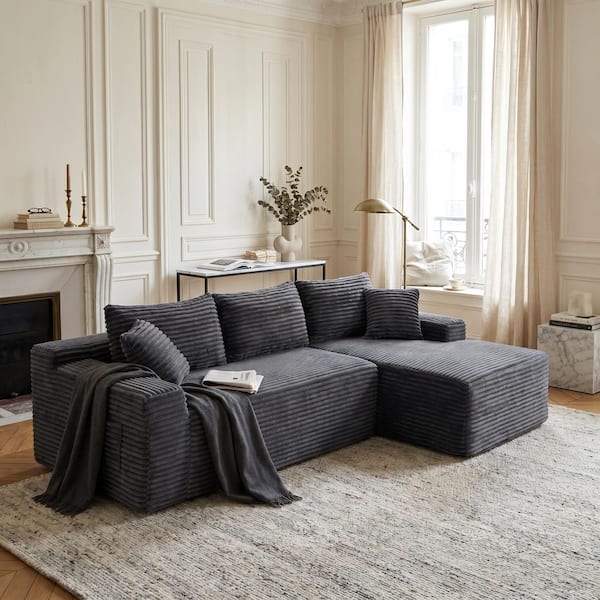 Homy Casa Oceridge 94.5 in. Corduroy 4-Seat Sectional Sofa with Right Chaise and Pillows in Charcoal Gray
