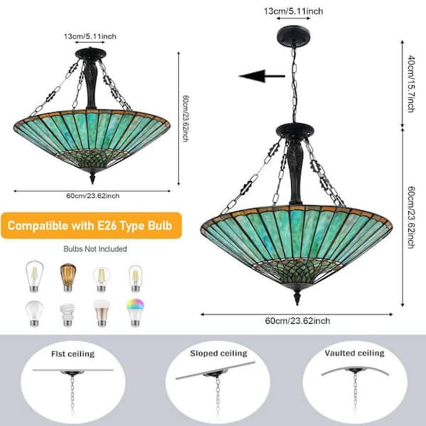 OUKANING 23.62 in. 5-Light Emerald Green Vintage Tiffany Shaded