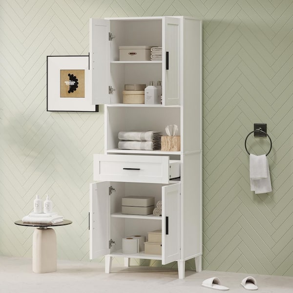 23.6 in. W x 13.8 in. D x 70.9 in. H White Linen Cabinet with Drawer, 2 Cabinets, Soft-Close Doors, Adjustable Shelves