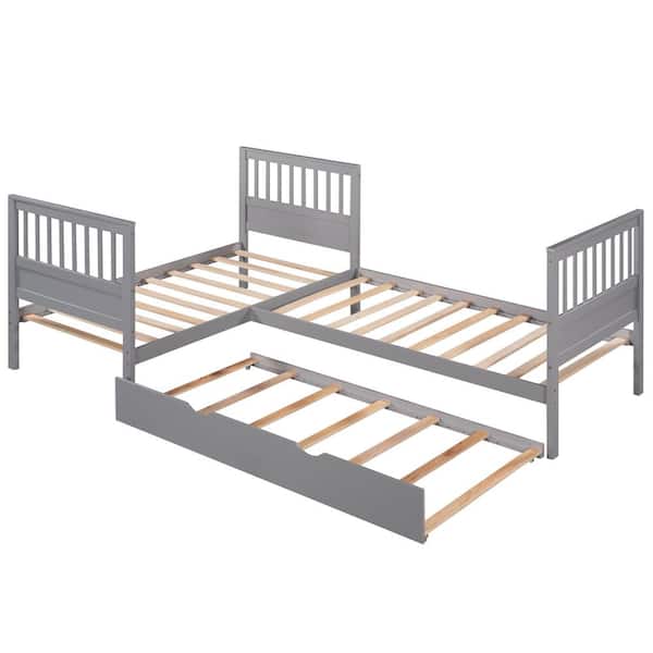 Angel Sar Gray L-Shaped Twin Size Platform Bed with Trundle, Headboard and Footboard, Kids Bed for 3