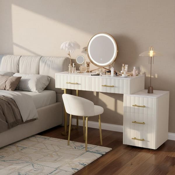 APZKY Ivory White 5-Drawer Makeup Vanity Set with Stool, Mirror, LED Light, and 3-Tier Storage Shelves