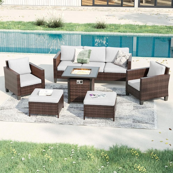 6-Pieces Patio Conversation Set with Square Fire Pit Table, Brown Wicker Wide Armrests Sofa with Linen Gray Cushion