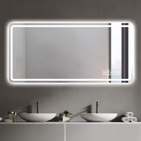 Unbranded 60 in. W x 28 in. H Rectangle LED Bathroom Mirror Vanity Mirror Wall Mirror, Anti-Fog, Dimmable, Anti-Explosion Glass