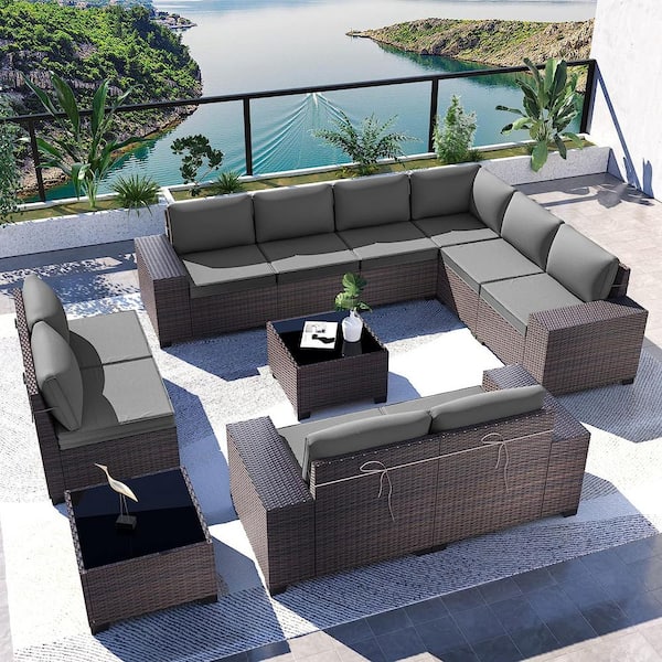 Halmuz 12-Piece Brown Wicker Outdoor Sectional Set with Glass Coffee Table and Gray Cushions, Patio Chat