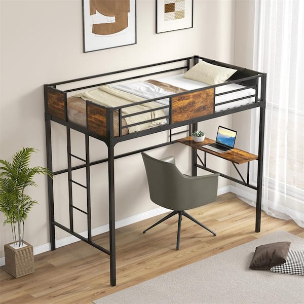 Black Twin Bunk Bed Metal Loft Bed with Desk Storage Shelf Ladder Space Saving Industrial