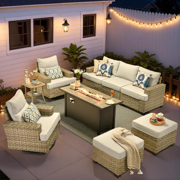 Toject Torino Gray 9-Piece Wicker Outdoor Patio Conversation Deep Sofa Seating Set with Metal Fire Pit and Light Gray Cushions