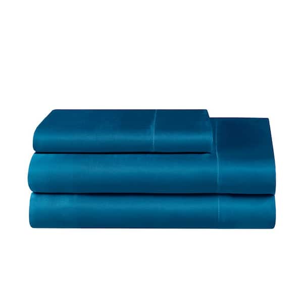 JUICY COUTURE Silky Satin 3-Piece Blue Solid Color Microfiber Twin Deep Pocket Sheet Set