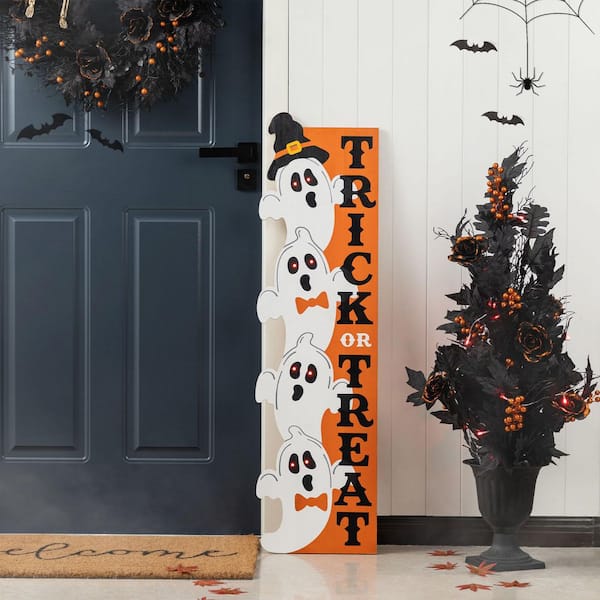 42 in. H Lighted Halloween Wood Stacked Ghost with "Trick or Treat" Porch Sign with Timer