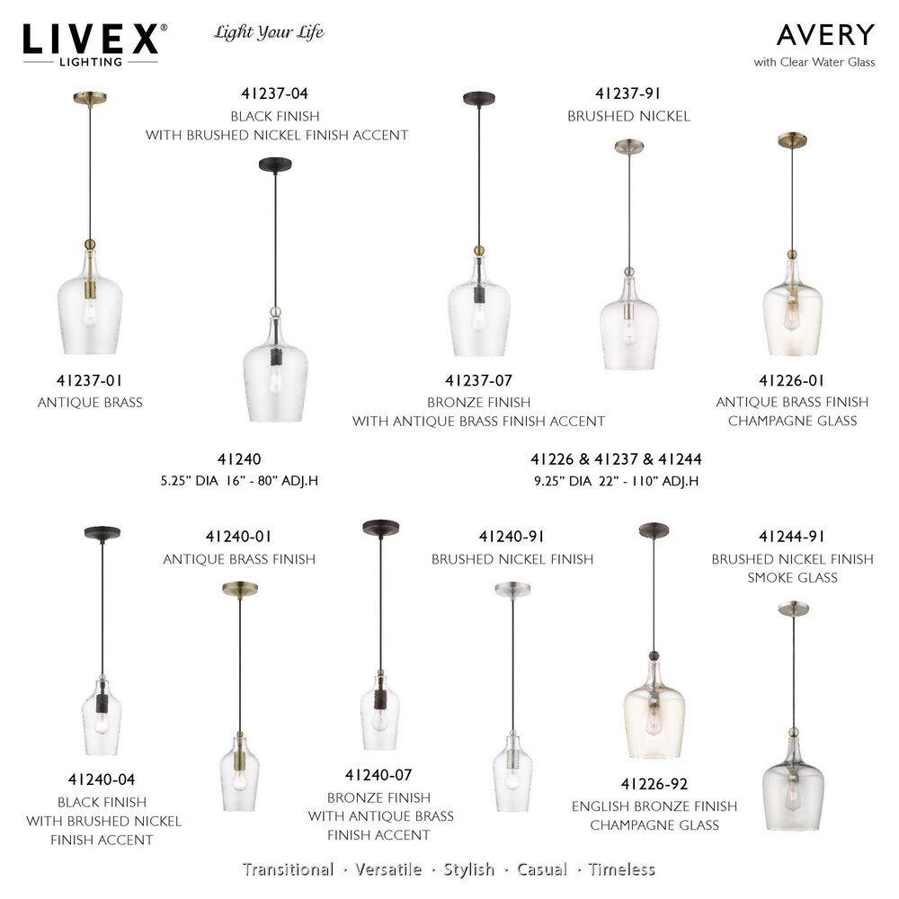 Avery Transitional Mini Pendant in Black and Brushed Nickel with Clear Glass