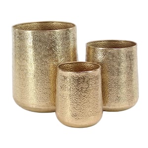 20 in., 15 in., and 13 in. Large Gold Aluminum Indoor Outdoor Planter with Hammered Design (3- Pack)