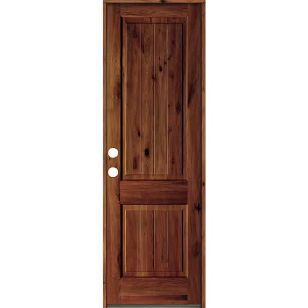 Krosswood Doors 32 in. x 96 in. Rustic Knotty Alder Square Top V-Grooved Red Chestnut Stain Right-Hand Wood Single Prehung Front Door