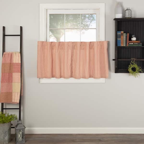 VHC BRANDS Sawyer Mill Ticking Stripe 36 in. W x 24 in. L Light Filtering Tier Window Panel in Country Red Dark Tan Pair
