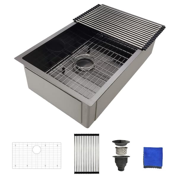 30 in. Undermount Black Single Bowl Kitchen Sink-16-Gauge Stainless Steel, 30x18 in. with Grid, Strainer and Drying Rack