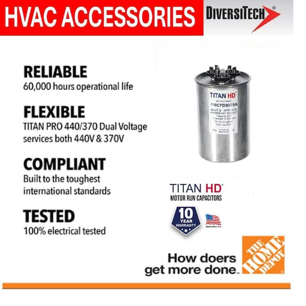 TitanPro Dual Motor Run Capacitor 70/7.5 MFD – For HVAC Systems, 440/370V Rating!