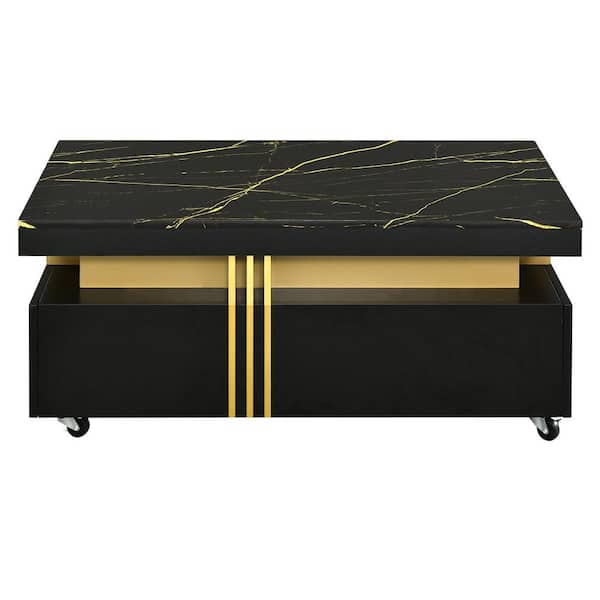 Polibi 39.30 in. Black Rectangle Faux Marble Top Coffee Table with Caster Wheels