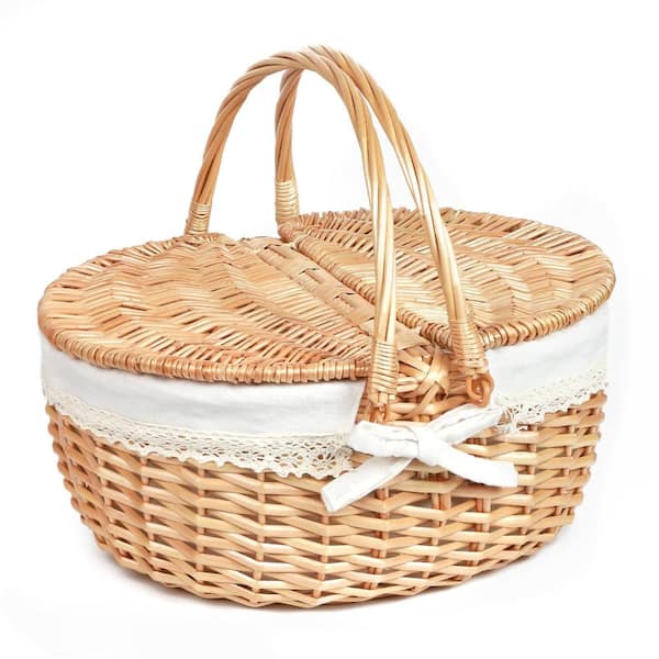 16 in. Wicker Picnic Basket with Lid and Dual Handles, Milky White, 1 Piece
