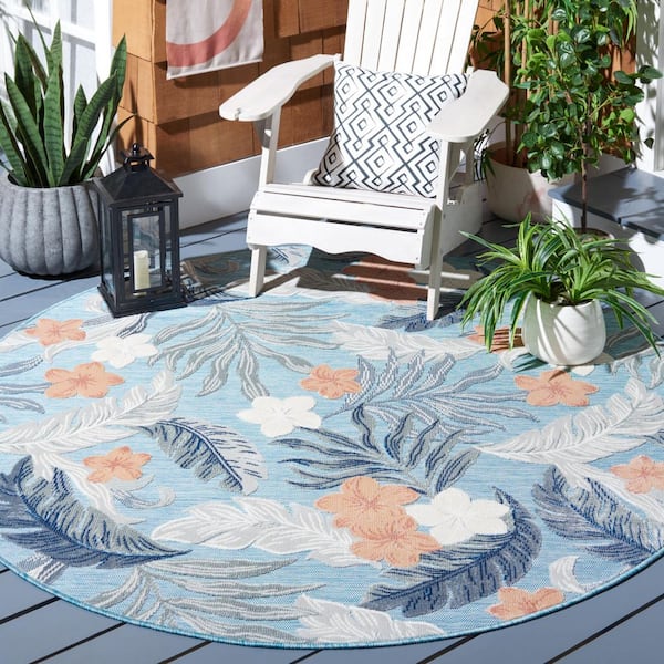 Cabana Blue/Gray 6 ft. x 6 ft. High-Low Leaf Floral Indoor/Outdoor Round Area Rug