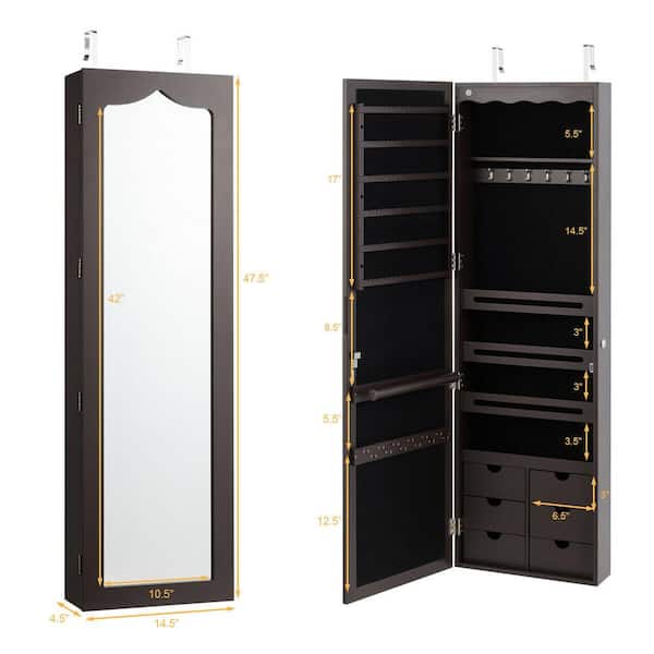 Gymax 47.5 in. H x 14.5 in. W x 4.5 in. D Lockable Wall Door Mounted Jewelry Cabinet LED Mirror Brown