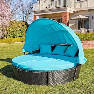 4-Piece Wicker Rattan Patio Outdoor Conversation Set Daybed with Retractable Canopy for Garden Poolside, Blue Cushion