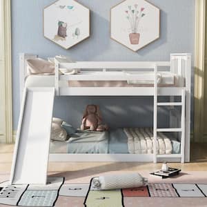 White Full Over Full Kids Bunk Bed with Slide and Ladder, Solid Wood Floor Bunk Bed Frame with Headboard and Footbaord