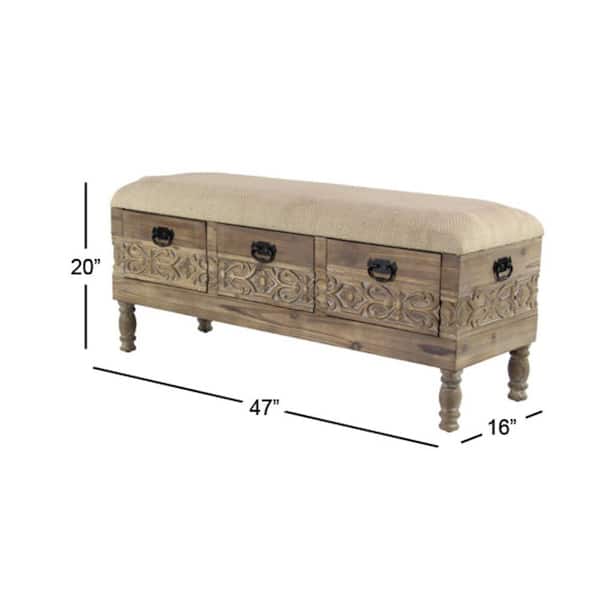 Brown Intricately Carved Floral Storage Bench with Cream Burlap Top 20 in. X 47 in. X 16 in.