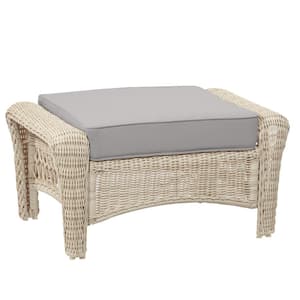 Park Meadows Off-White Wicker Outdoor Patio Ottoman with CushionGuard Stone Gray Cushion