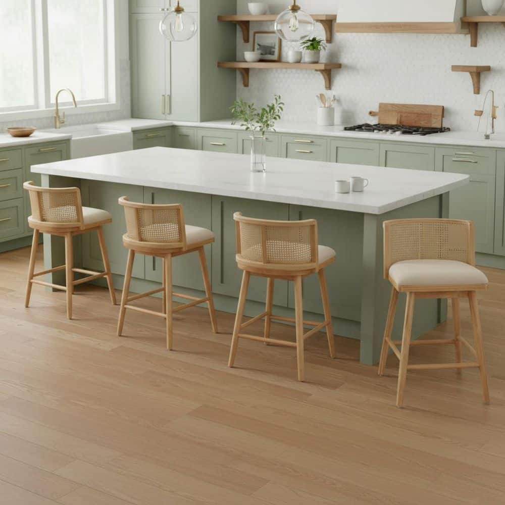 Sid 35.25 in. H Beige + Natural Rattan Back Solid Wood Counter Height Bar Stools with Fabric Upholstery Seat, Set of 4