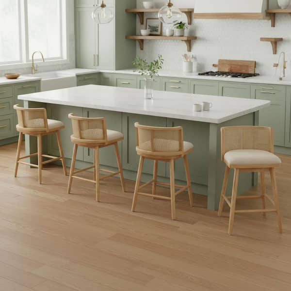 Sid 35.25 in. H Beige + Natural Rattan Back Solid Wood Counter Height Bar Stools with Fabric Upholstery Seat, Set of 4