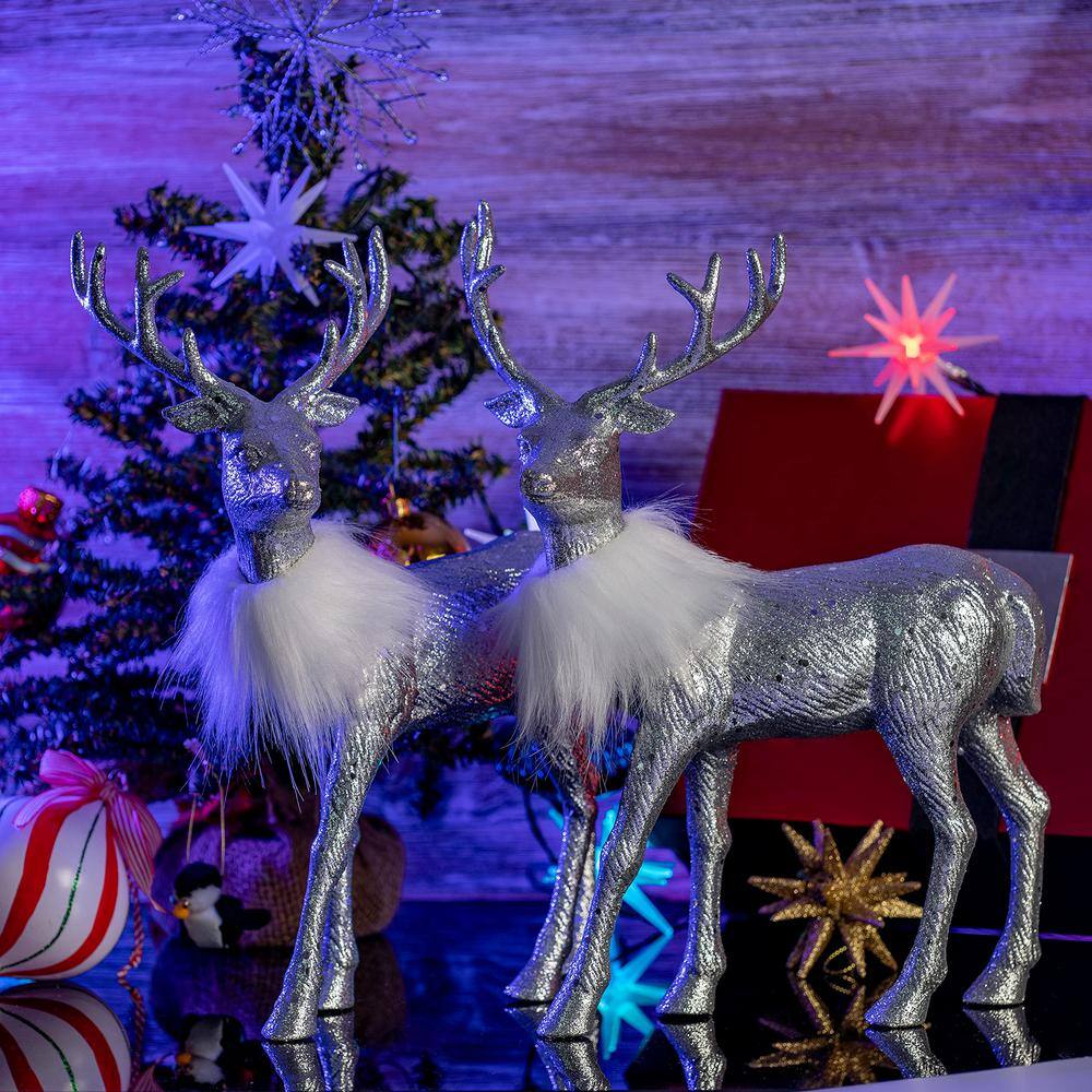 Silver Glitter Winter Reindeer Figurines with Faux Fur