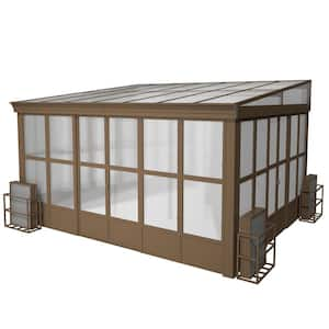 12 ft. x 14 ft. Lean-To Aluminum Gazebo Sunroom with Sloping Roof, Detachable Screens and 2-Lockable Sliding Door